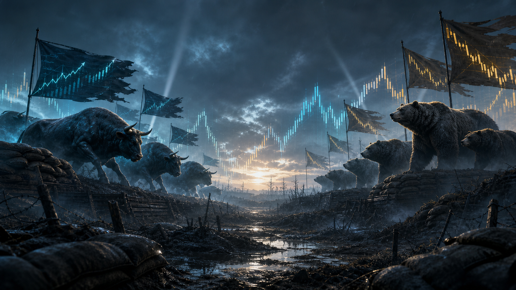 Symbolic bull and bear forces facing each other across a market battlefield, with cyan and gold chart signals in the sky